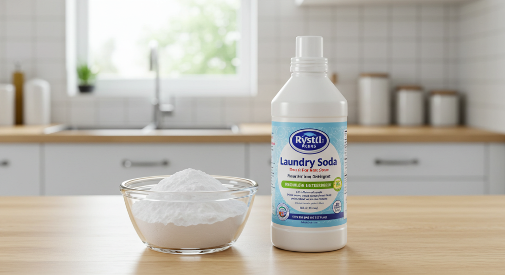 An overhead view of natural cleaning supplies including a bottle of vinegar