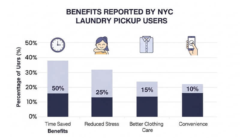 A bar chart titled 'Benefits Reported by NYC Laundry Pickup Users' showing that 50% of users value time saved, 25% report reduce