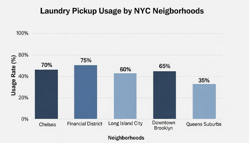 A bar chart titled 'Laundry Pickup Usage by NYC Neighborhoods' showing usage rates of 75% in the Financial District, 70% in Chel