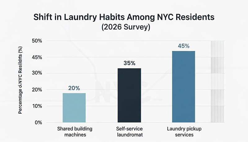 A bar chart titled 'Shift in Laundry Habits Among NYC Residents (2026 Survey)' showing that 45% of residents use laundry pickup