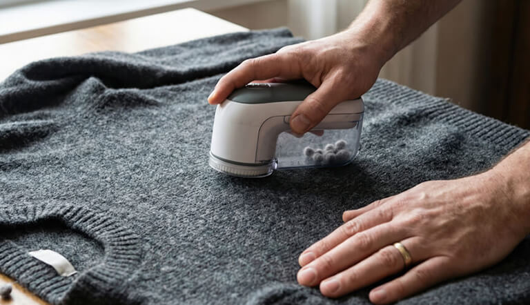 A person using an electric fabric shaver to remove pilling from a gray wool knit sweater at home.