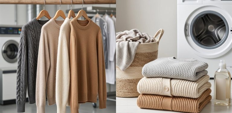 A stack of neatly folded knit wool and cashmere sweaters held in hand.
