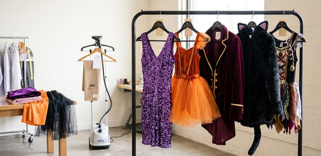 Various Halloween costume fabrics like sequins, tulle, velvet, and faux fur hanging with dry cleaning tags.