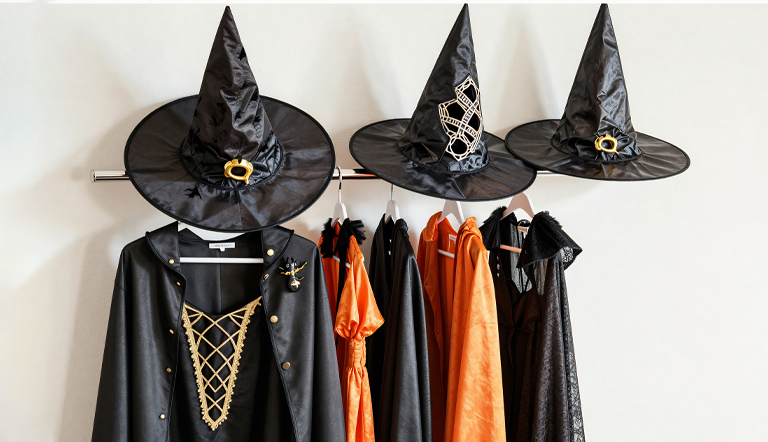 Witch hats, capes, and Halloween costumes on hangers before dry cleaning or spot cleaning.